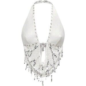 Women's Solid White Gothic Grunge PU Leather Sparkly Halter V Neck Vest Crop Top